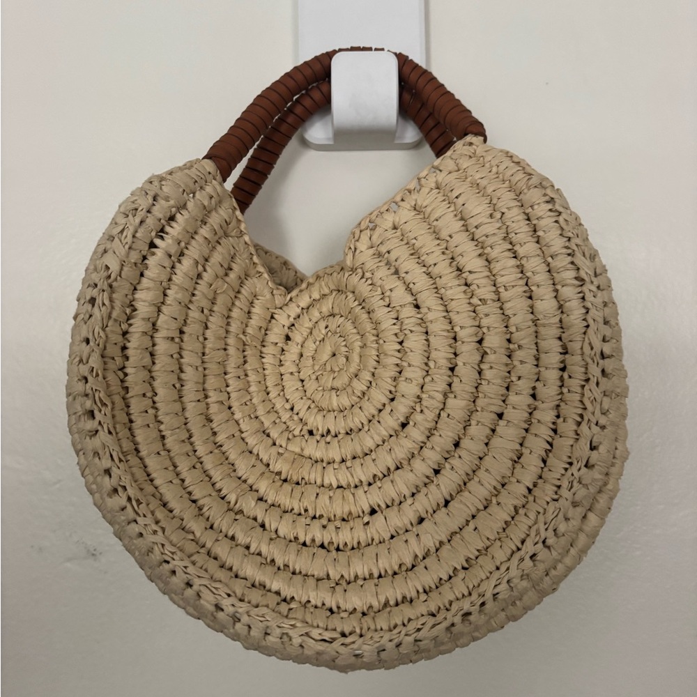 Woven Straw Round Tote Bag with Brown Wrapped Handles